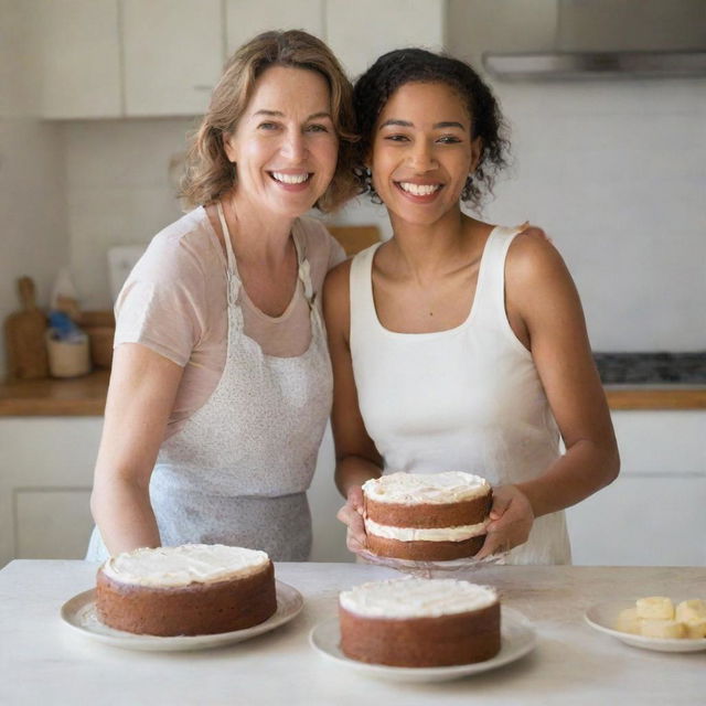 A heartwarming scene of a mother and daughter in the kitchen, smiling as they display a freshly baked cake they made together.