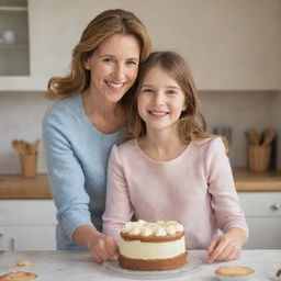 A heartwarming scene of a mother and daughter in the kitchen, smiling as they display a freshly baked cake they made together.