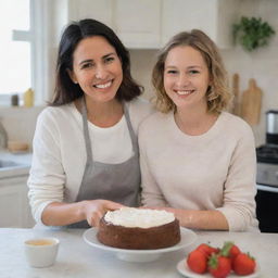 A heartwarming scene of a mother and daughter in the kitchen, smiling as they display a freshly baked cake they made together.