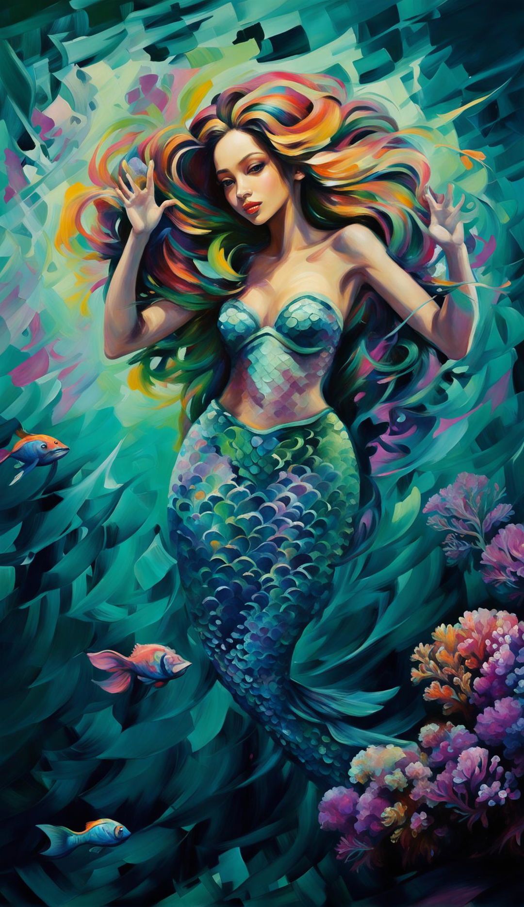 Impressionist painting of a brown-skinned mermaid with a long tail, submerged underwater and surrounded by a coral reef with blurry brush strokes.