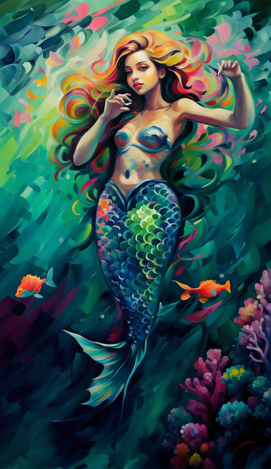 Impressionist painting of a brown-skinned mermaid with a long tail, submerged underwater and surrounded by a coral reef with blurry brush strokes and pink tones.