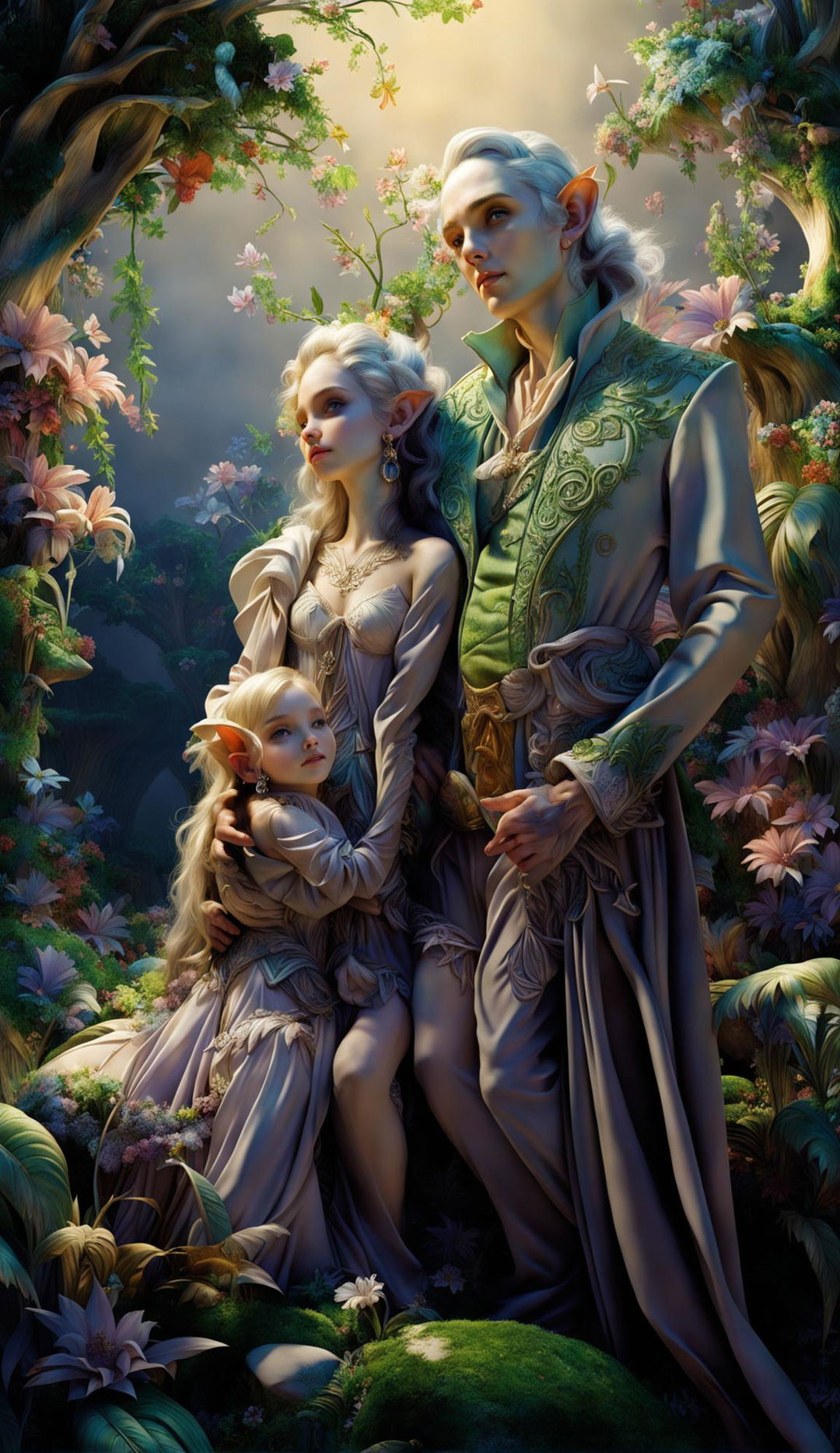 Hyper-realistic 3D image of a Rococo-styled elf family in a vibrant, mythical forest with sunlight filtering through the trees and a flower aesthetic.