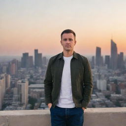 A man in casual attire, standing confidently with a city landscape in the background during sunset