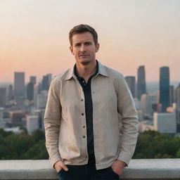 A man in casual attire, standing confidently with a city landscape in the background during sunset