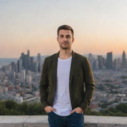 A man in casual attire, standing confidently with a city landscape in the background during sunset