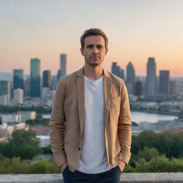 A man in casual attire, standing confidently with a city landscape in the background during sunset