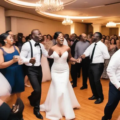The wedding reception was filled with whoopee as guests danced and sang joyously to celebrate the newly married couple's love and happiness.