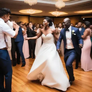 The wedding reception was filled with whoopee as guests danced and sang joyously to celebrate the newly married couple's love and happiness.