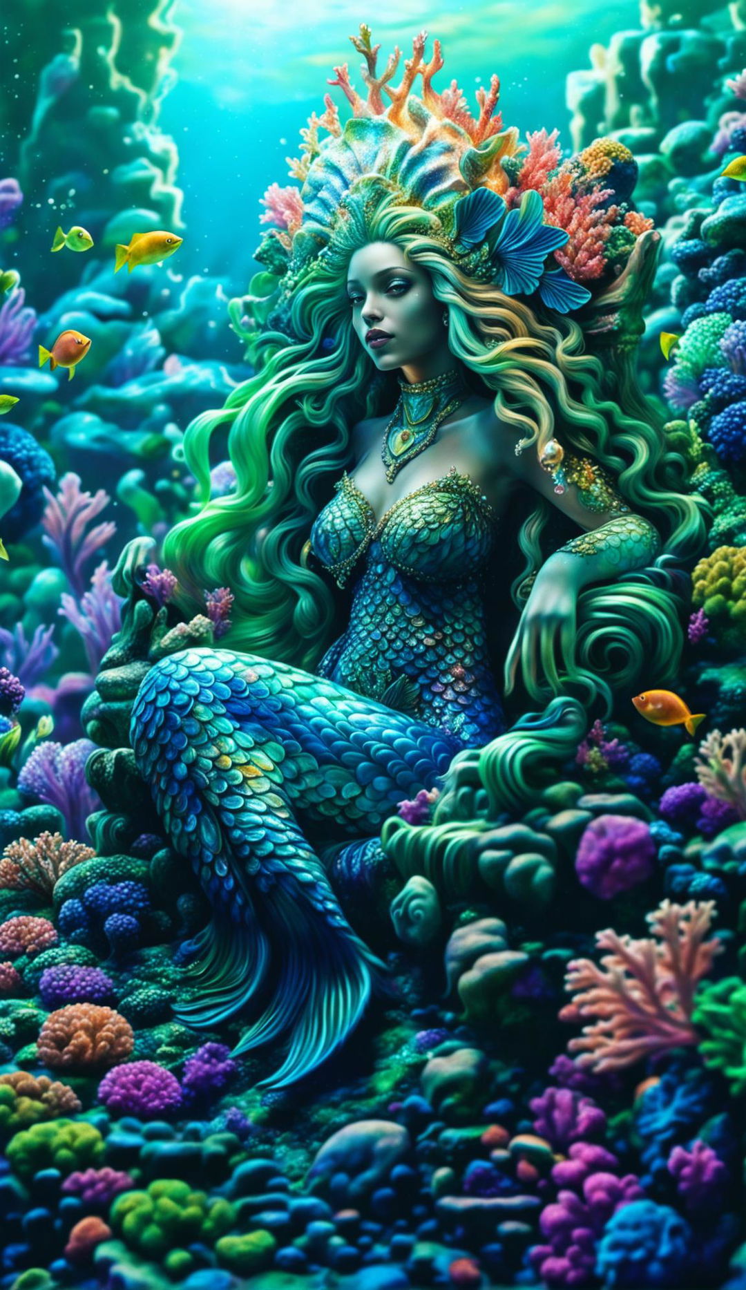 A CGI photograph of an awe-inspiring mermaid goddess seated on a coral reef throne in the heart of the ocean.