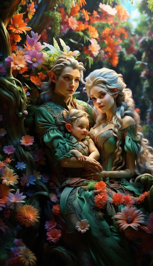 Hyper-realistic 3D image of a Rococo-styled elf family in a vibrant, mythical forest with light filtering through the trees, a flower aesthetic, and fantasy creatures.