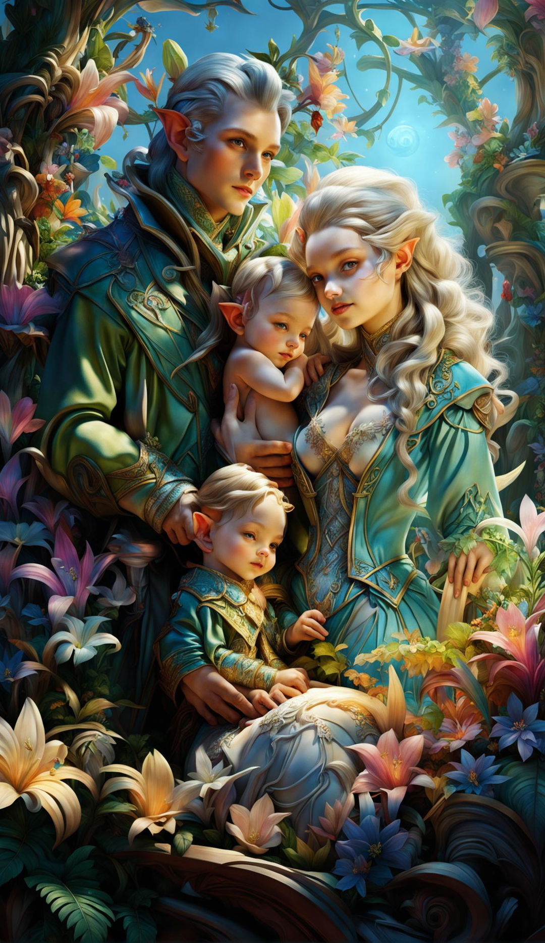 Hyper-realistic 3D image of a Rococo-styled elf family in a vibrant, flower-filled mythical forest with sunlight filtering through the trees.