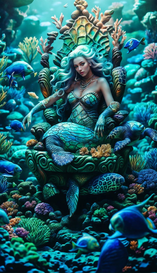 A CGI photograph of a mermaid goddess swimming with a group of turtles around her coral reef throne in the heart of the ocean.