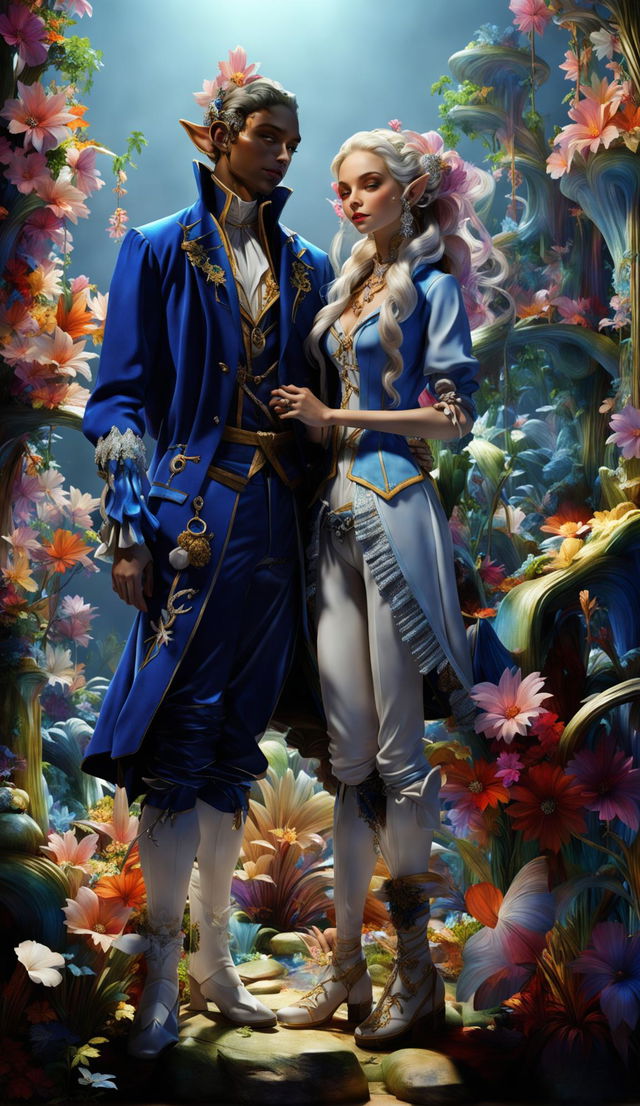 Hyper-realistic 3D image of an elf couple in Rococo attire standing in a vibrant mythical forest with light filtering through the trees.