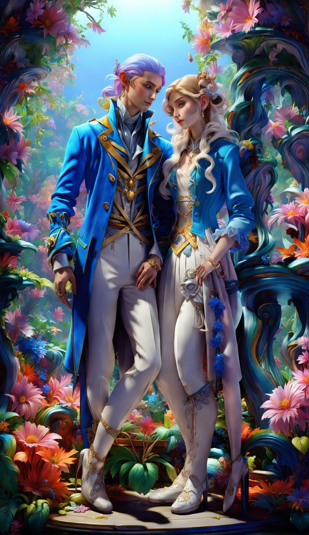 Hyper-realistic 3D image of a vibrantly dressed elf couple in Rococo attire standing in a mythical forest with light filtering through the trees.