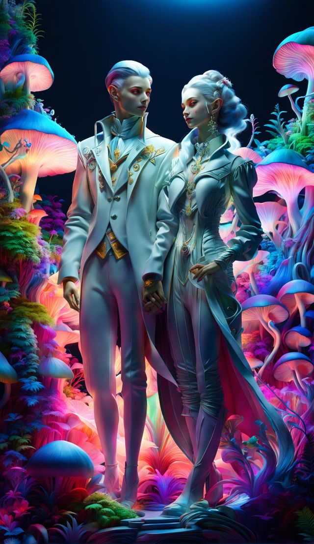 Hyper-realistic 3D Rococo Cyberpunk elf couple in a vibrant, mythical forest with light filtering through neon trees and a carpet of bioluminescent flowers.