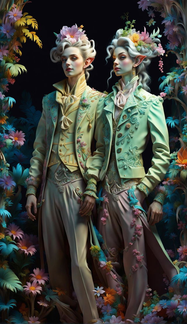 Hyper-realistic 3D Rococo-styled elf man and woman in a vibrant mythical forest with light filtering through trees and a strong floral aesthetic.