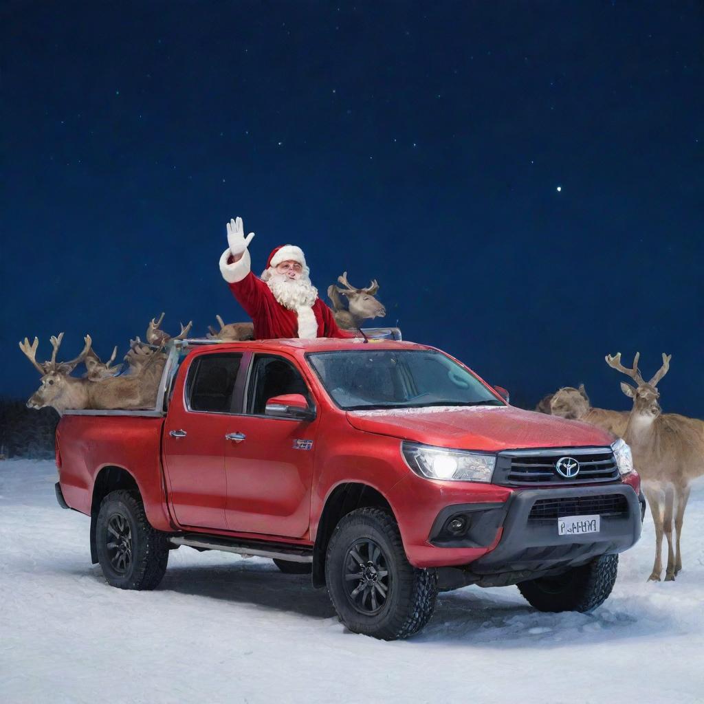 Santa Claus waving goodbye while standing on a shiny, red Toyota Hilux pickup truck, with his reindeer herd in the background under a snowy night sky.