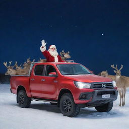 Santa Claus waving goodbye while standing on a shiny, red Toyota Hilux pickup truck, with his reindeer herd in the background under a snowy night sky.