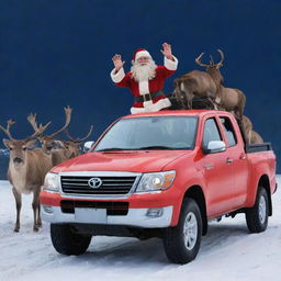 Santa Claus waving goodbye while standing on a shiny, red Toyota Hilux pickup truck, with his reindeer herd in the background under a snowy night sky.