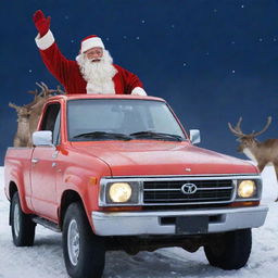 Santa Claus waving goodbye while standing on a shiny, red Toyota Hilux pickup truck, with his reindeer herd in the background under a snowy night sky.