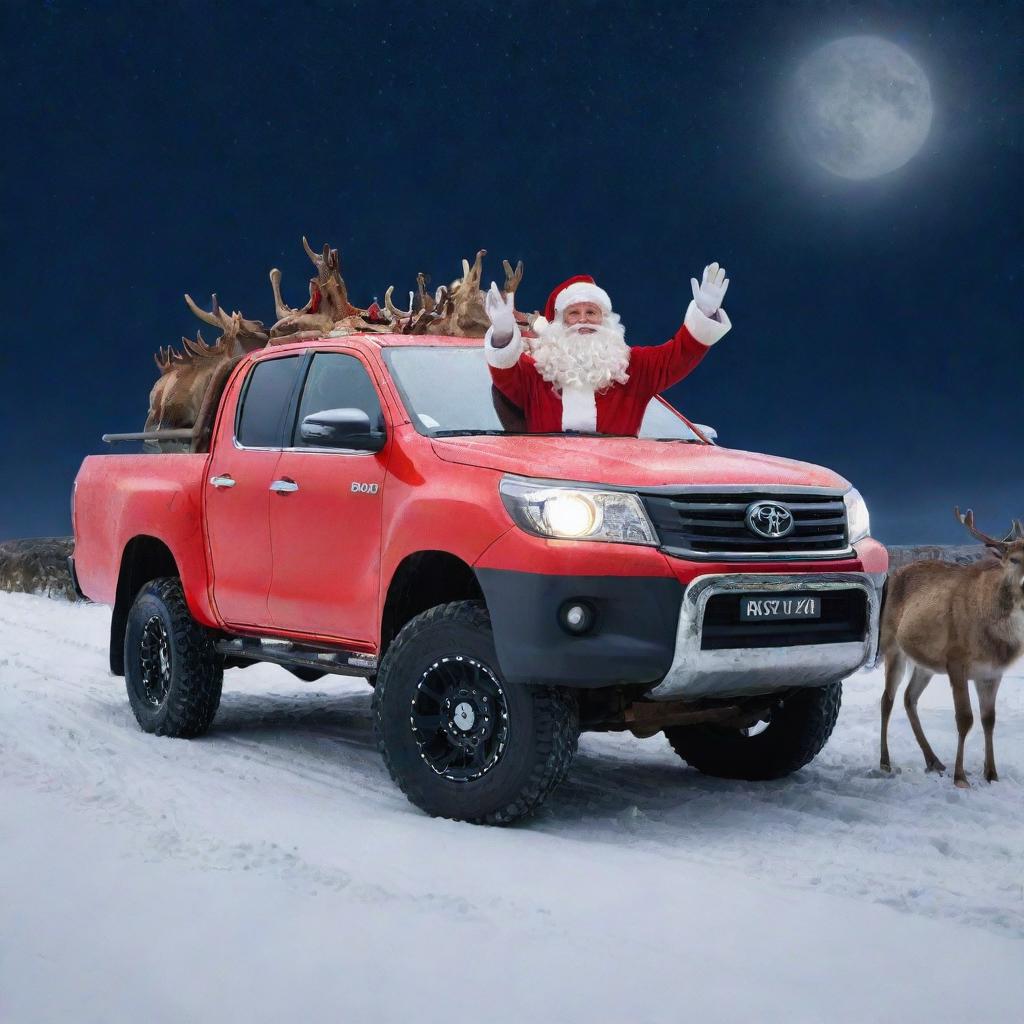 Santa Claus waving goodbye while standing on a shiny, red Toyota Hilux pickup truck, with his reindeer herd in the background under a snowy night sky.