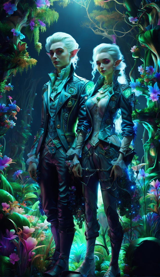 A hyper-realistic 3D Rococo Cyberpunk elf and a male elf stand in a mystical forest with light filtering through the trees and glowing flowers scattered around. Both elves' attire is a fusion of 18th-century Rococo fashion and futuristic cyberpunk elements.