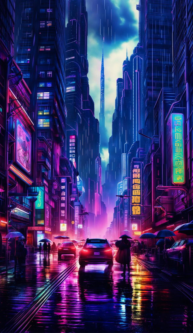 A 3D image of a cyberpunk cityscape at night, with neon lights reflecting off rain-soaked streets.