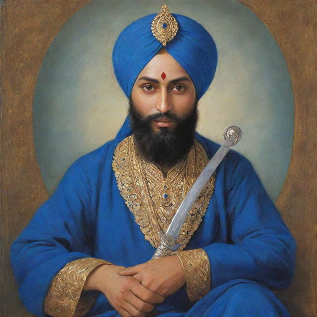 Guru Gobind Singh Ji, the tenth Sikh Guru, sitting serenely in traditional dress with a royal blue turban, holding a kirpan (sword), surrounded by his iconic blue aura.