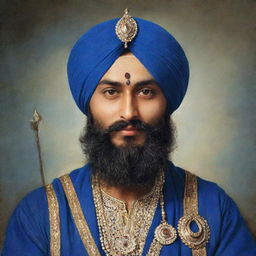 Guru Gobind Singh Ji, the tenth Sikh Guru, sitting serenely in traditional dress with a royal blue turban, holding a kirpan (sword), surrounded by his iconic blue aura.