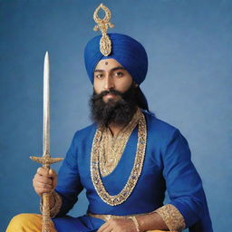 Guru Gobind Singh Ji, the tenth Sikh Guru, sitting serenely in traditional dress with a royal blue turban, holding a kirpan (sword), surrounded by his iconic blue aura.