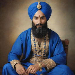 Guru Gobind Singh Ji, the tenth Sikh Guru, sitting serenely in traditional dress with a royal blue turban, holding a kirpan (sword), surrounded by his iconic blue aura.