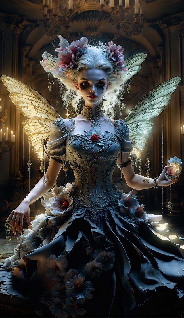 Hyper-realistic 3D image of the same evil rococo fairy, now in a grand ballroom, exuding an aura of malevolence.