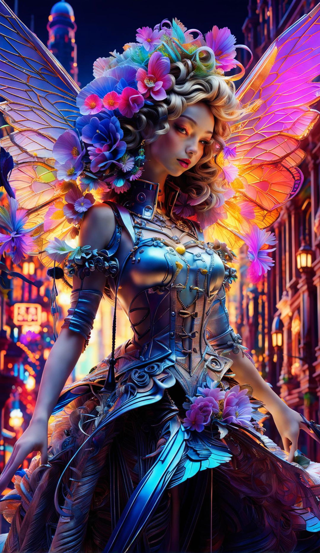 A hyper-realistic 3D image of a rococo-inspired cyberpunk fairy with vibrant wings and attire in a warm-hued cityscape.