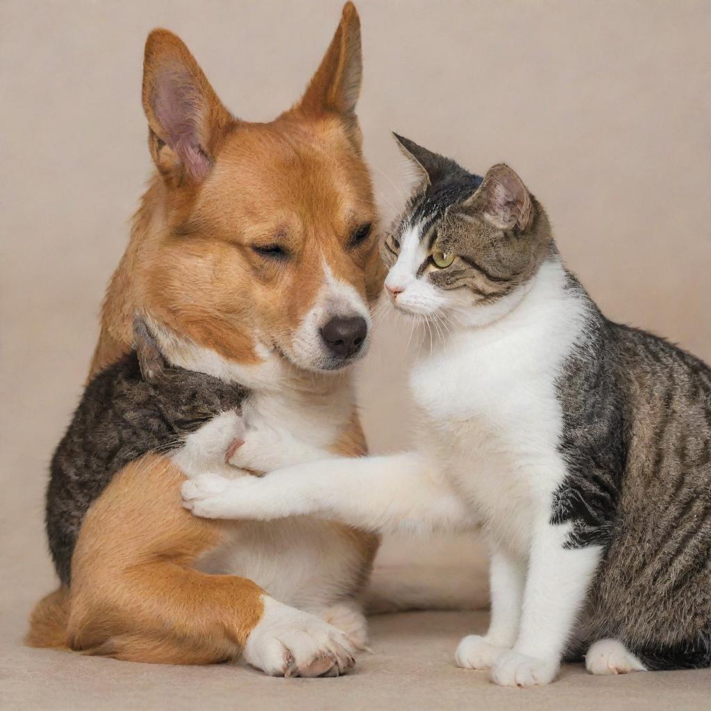 A dog and a cat embracing each other affectionately