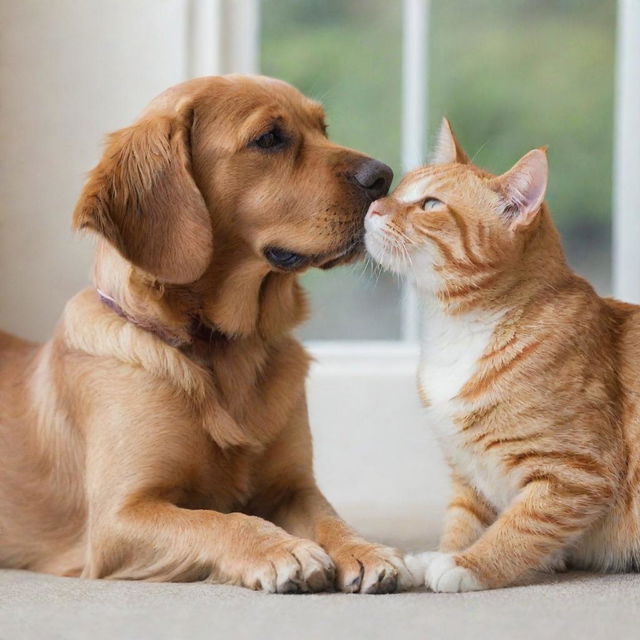 A dog and a cat embracing each other affectionately