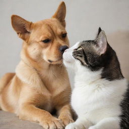 A dog and a cat embracing each other affectionately