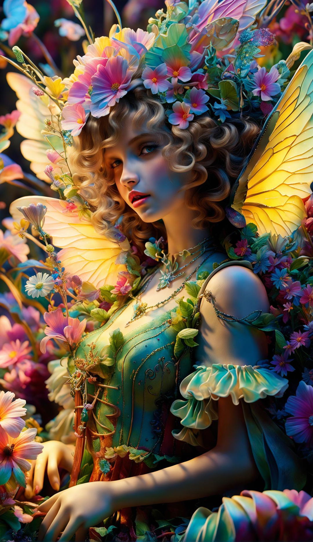 A hyper-realistic 3D Rococo pixie in a vibrant, flower-filled fantasy garden bathed in warm sunlight.