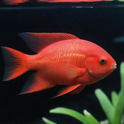 A vibrant red blood parrot fish swimming gracefully in clear aquarium water