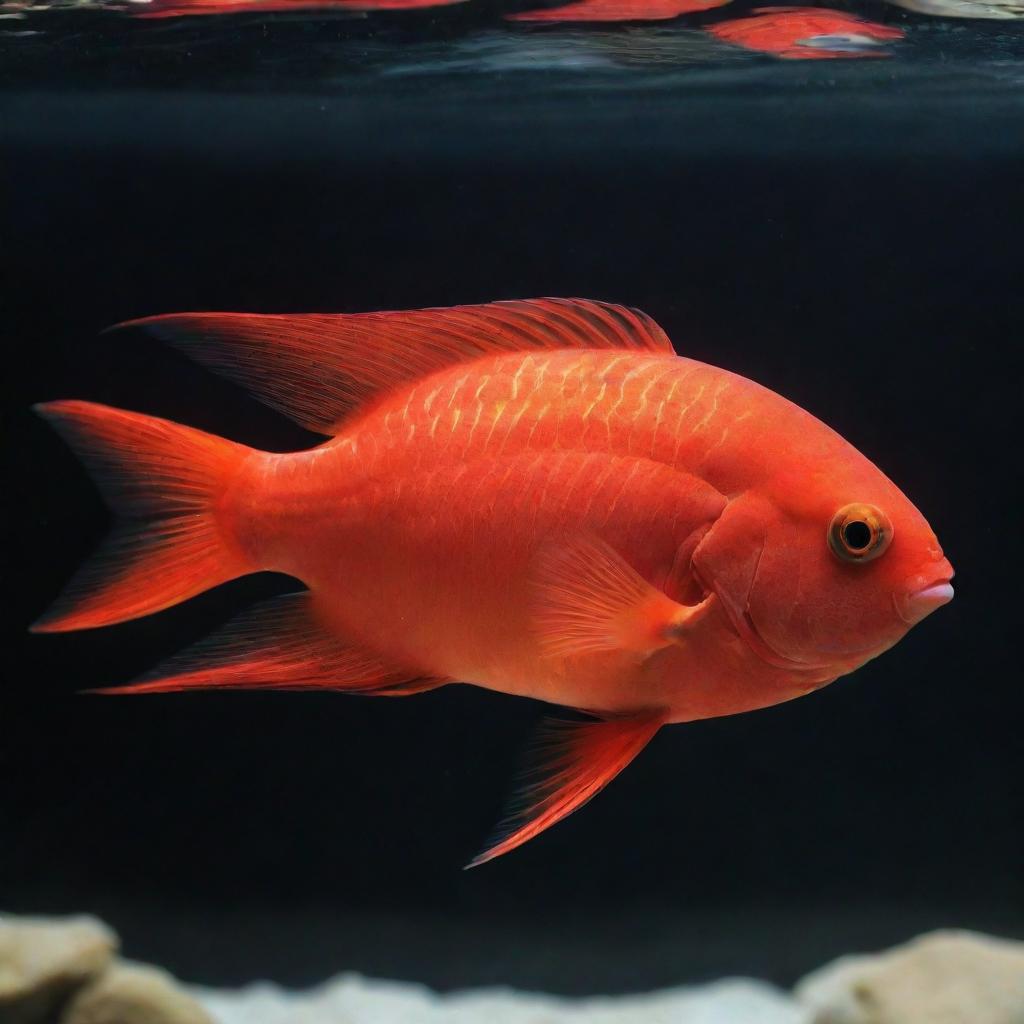 A vibrant red blood parrot fish swimming gracefully in clear aquarium water