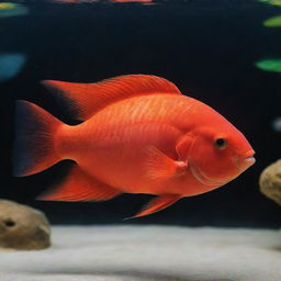 A vibrant red blood parrot fish swimming gracefully in clear aquarium water