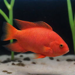 A vibrant red blood parrot fish swimming gracefully in clear aquarium water