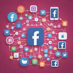 Illustration representing a vibrant digital ecosystem where interconnected platforms such as Facebook and Instagram are surrounded by symbolic icons representing content creation, user engagement, and community growth.