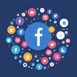 Illustration representing a vibrant digital ecosystem where interconnected platforms such as Facebook and Instagram are surrounded by symbolic icons representing content creation, user engagement, and community growth.