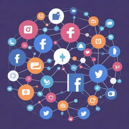 Illustration representing a vibrant digital ecosystem where interconnected platforms such as Facebook and Instagram are surrounded by symbolic icons representing content creation, user engagement, and community growth.