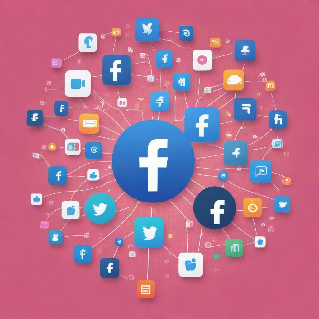 Illustration representing a vibrant digital ecosystem where interconnected platforms such as Facebook and Instagram are surrounded by symbolic icons representing content creation, user engagement, and community growth.