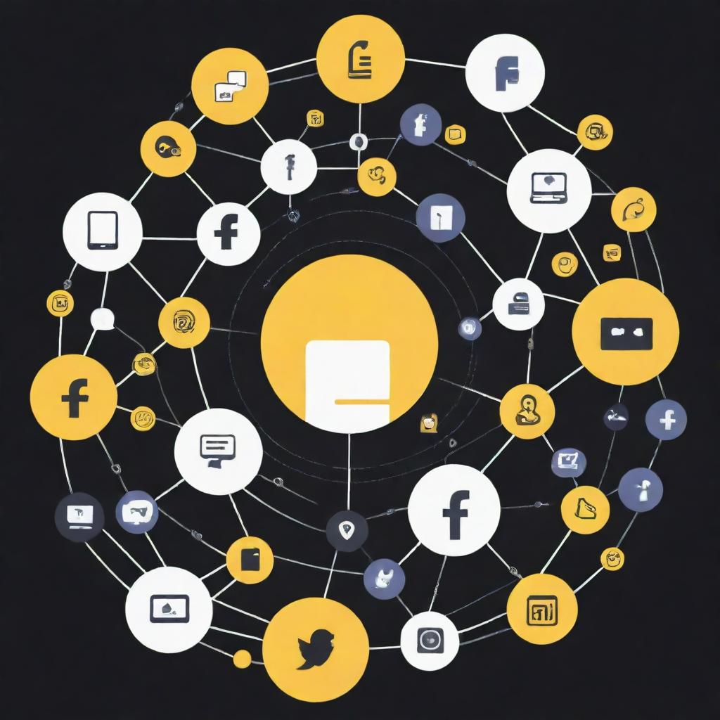 Illustration representing a vibrant digital ecosystem with interconnected platforms such as Facebook and Instagram, surrounded by symbolic icons representing content creation, user engagement, and growth. Use yellow, black, and white as the base colors.