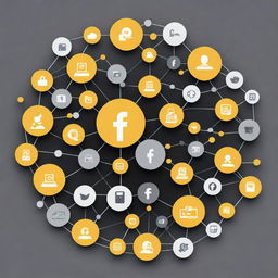 Illustration representing a vibrant digital ecosystem with interconnected platforms such as Facebook and Instagram, surrounded by symbolic icons representing content creation, user engagement, and growth. Use yellow, black, and white as the base colors.