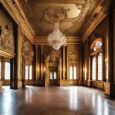 The grand hall of the mansion was debauched with excessive gilding and flamboyant decor.