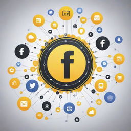 Illustration representing a vibrant digital ecosystem with interconnected platforms such as Facebook and Instagram, surrounded by symbolic icons representing content creation, user engagement, and growth. Use yellow, black, and white as the base colors.