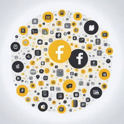 Illustration representing a vibrant digital ecosystem with interconnected platforms such as Facebook and Instagram, surrounded by symbolic icons representing content creation, user engagement, and growth. Use yellow, black, and white as the base colors.